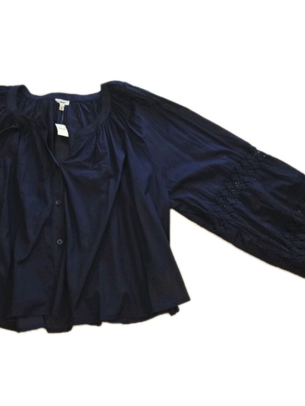 Aerie Balloon Sleeve Button Up Blouse Crochet Lace Size XL Navy Gauzy Cotton